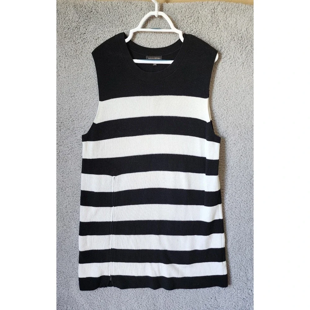Banana Republic Sleeveless Sweater Dress XL‎ Black White Striped Side Zip 673364